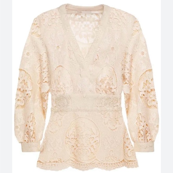 NWOT - MAJE Lalou Guipure Lace Blouse - Cream - V-neck Scalloped - 3 - Picture 4 of 13